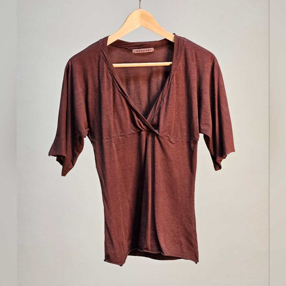Velvet by Graham & Spencer 3/4 Sleeve Deep V-Neck Tee Petite Dark Burgundy